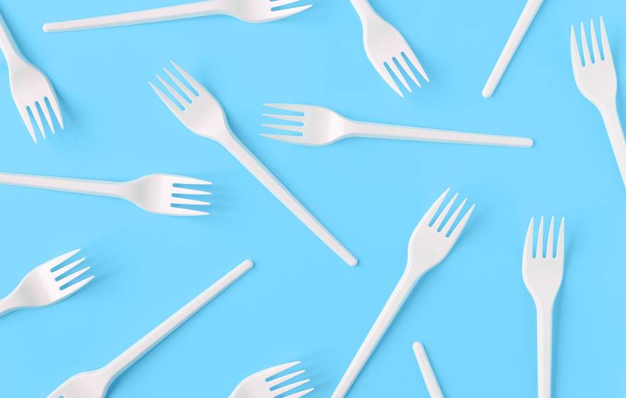 Single-use plastic forks on a blue background