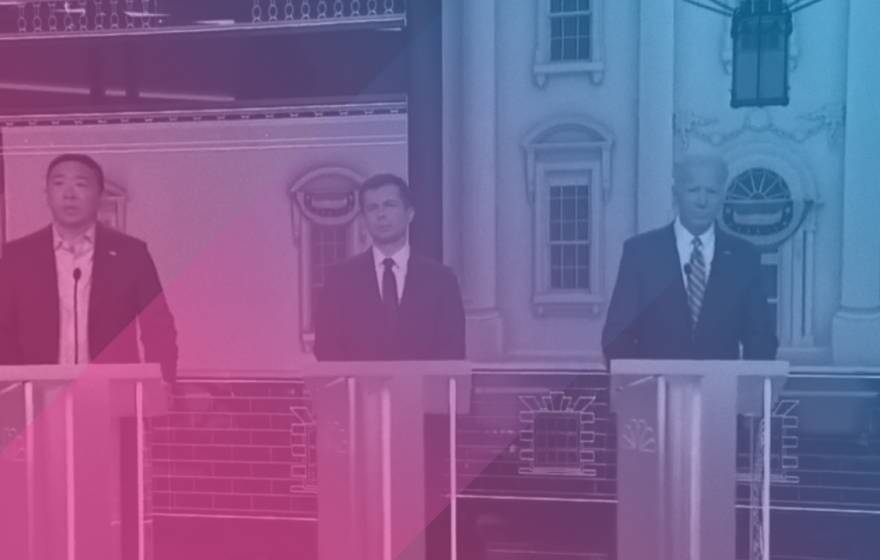 Democratic presidential primary candidates on the debate stage with a magenta and blue gradient over it