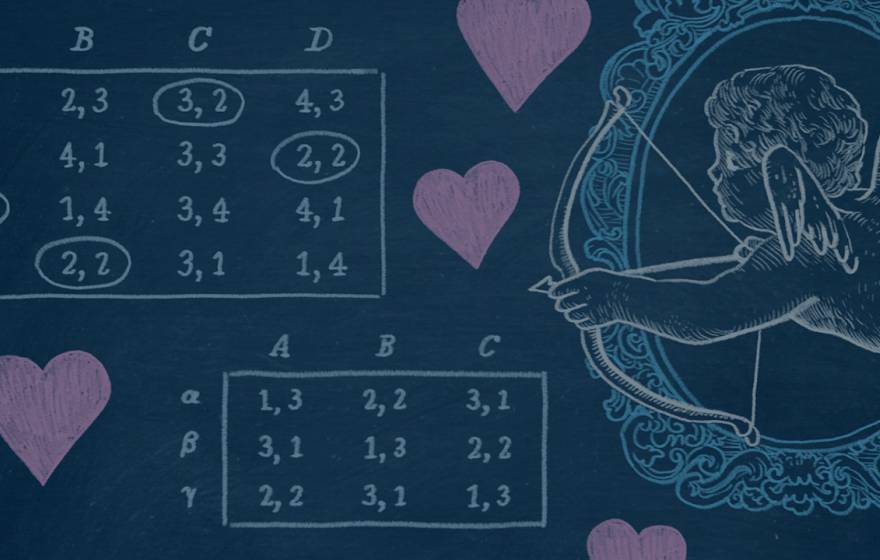 A chalkboard with an equation, hearts and an illustration of cupid drawn on it