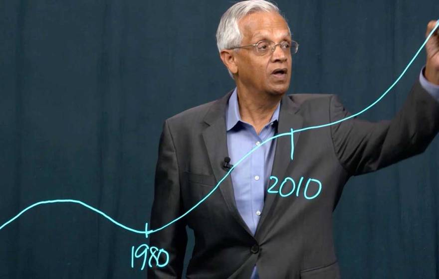 V. Ramanathan drawing a climate chart on a clear dry erase board 