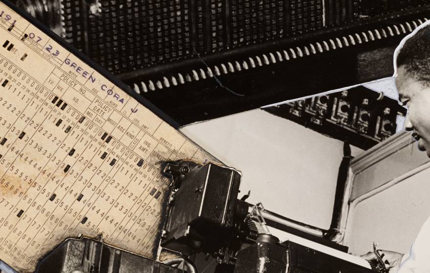 A collage of black and white photos and a punch card