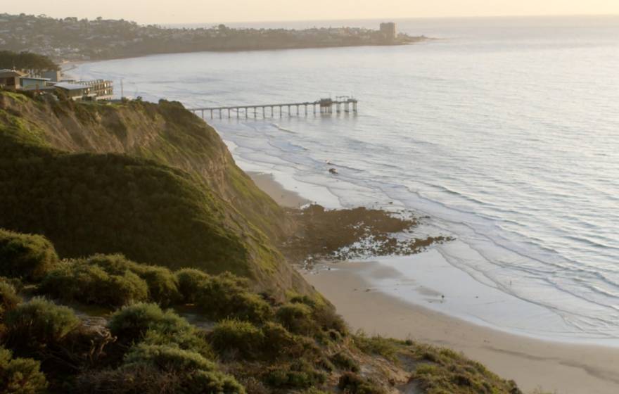 Elevated view of a beach, pier and bluffs at sunset