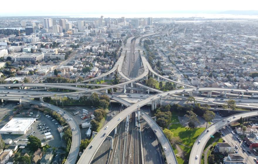 Aerial shot of freeway ramp maze in Oakland, California