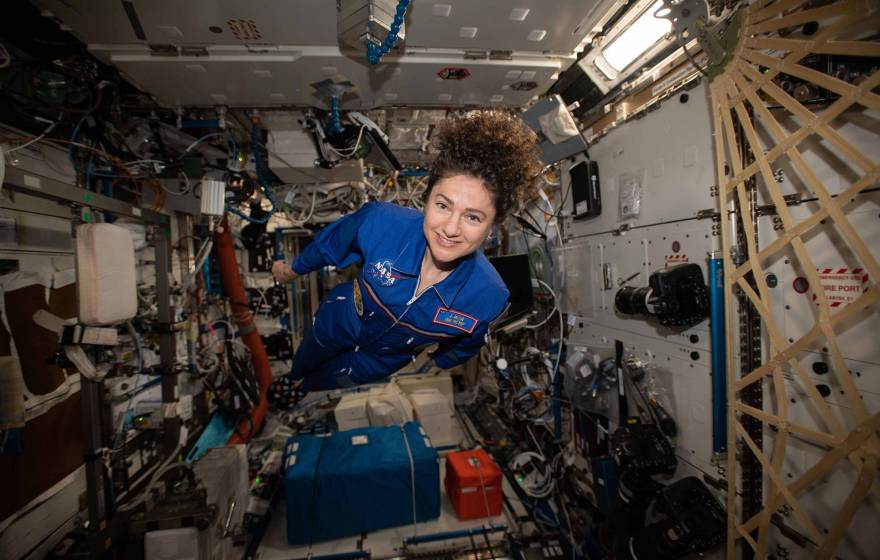 Jessica Meir hovers weightless Meir hovers for a portrait in the weightless environment of the International Space Station. 