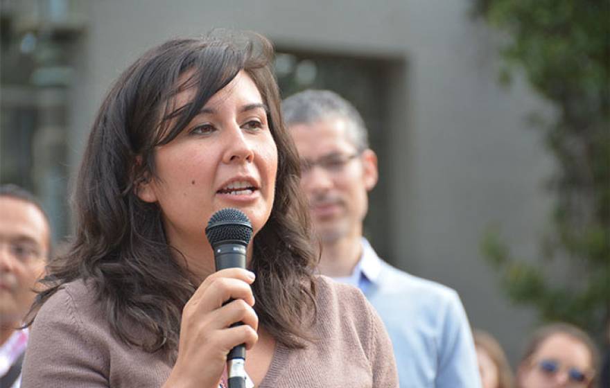 G. Cristina Mora speaks at a UC Berkeley rally