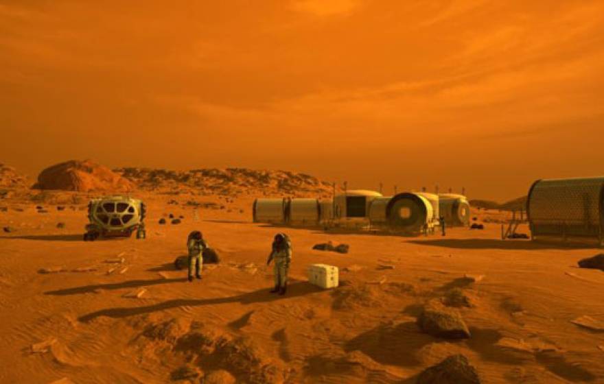 Astronauts and a facility on Mars illustration