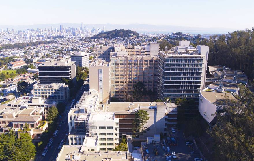 Aerial view of the Parnassus campus in San Francisco, skyline in the background