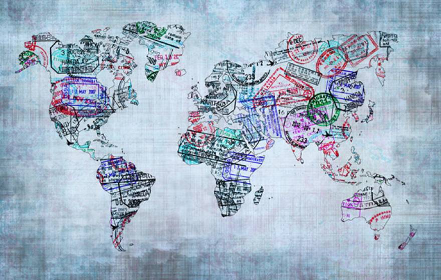 Map made of passport stamps