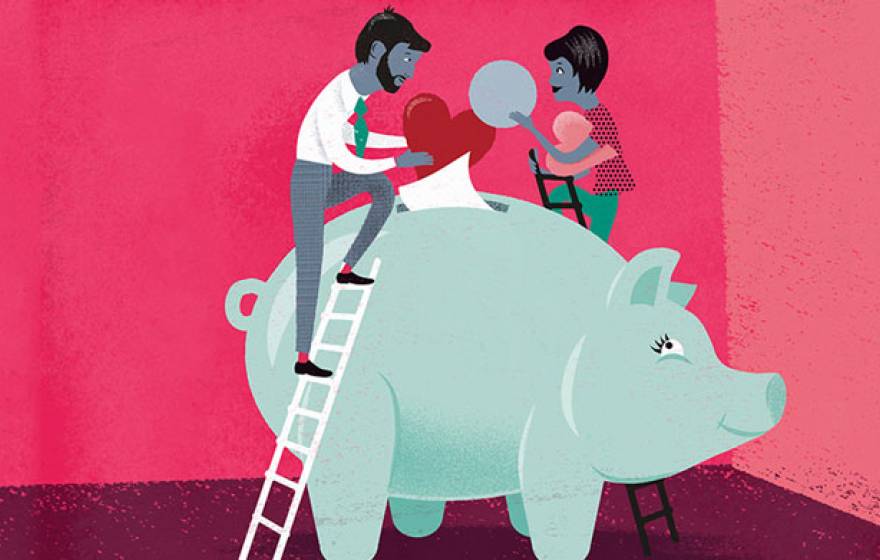 Two people sharing a piggy bank illustration