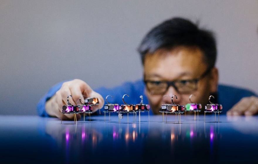 A researcher adjusts a row of small illuminated electronic devices on a reflective surface.