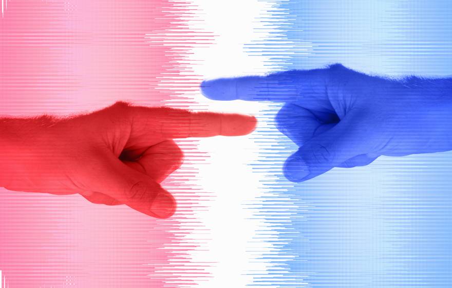 One red and one blue man's hand point toward each other, Red and blue abstract background