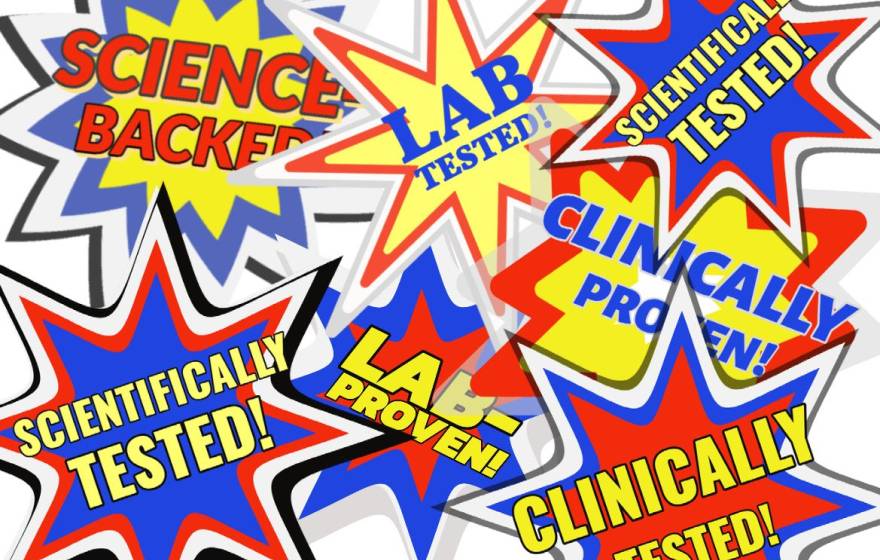 A collage of scientifically-tested and scientifically-proven oriented marketing slogans in bright blue and yellow sticker-like colors