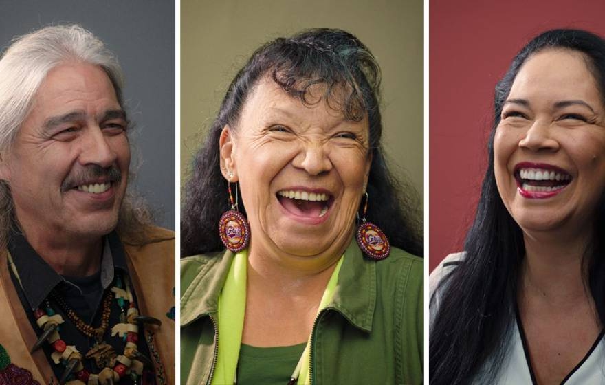 Three laughing Indigenous Native American portraits by Ryan RedCorn