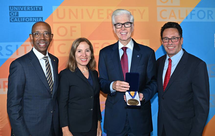 President Drake, Lt. Gov Eleni Kounalakis, former Gov. Gray Davis and UC Board of Regents Chair Richard Leib at an event honoring former Gov. Davis