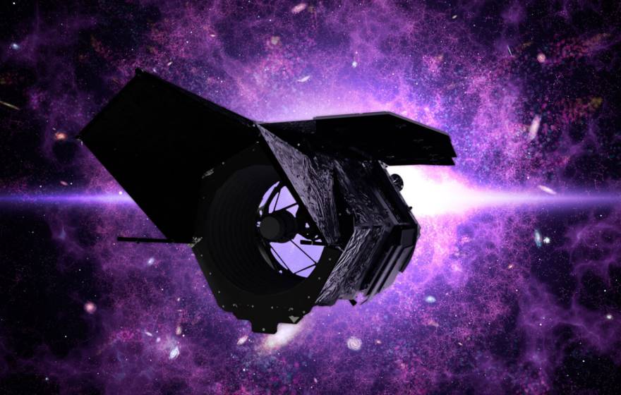 Illustration of the Nancy Grace Roman Telescope in space, flying toward a purple nebula.
