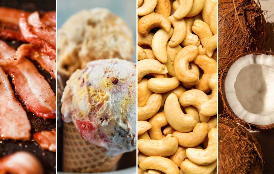 A collage of four photos of bacon, ice cream, cashews and coconut