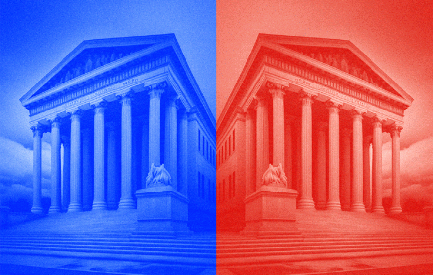 Image of the Supreme Court building, the left side with a blue overlay, the right side with a red overlay