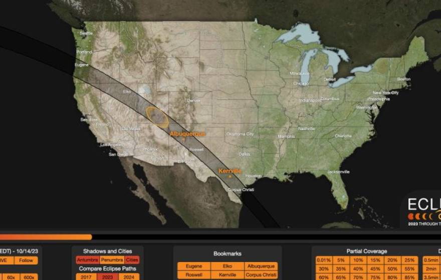 A graphic of the path of an upcoming solar eclipse passing over the United States