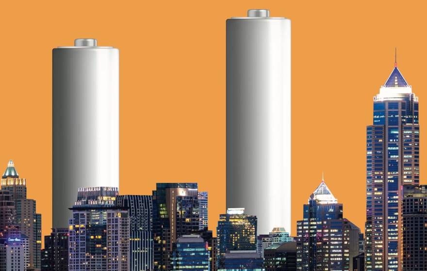 A city skyline with two batteries instead of skyscrapers among the skyscrapers