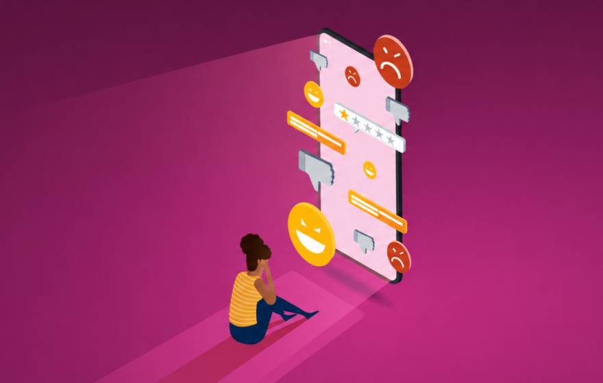 A graphic illustration depicting the concept of depression caused by social media, where a young girl sits dejectedly in front of a large phone displaying social media notifications.