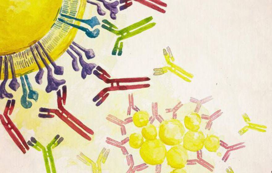 Watercolor illustration of a microscopic concept of a bacterium with antibodies