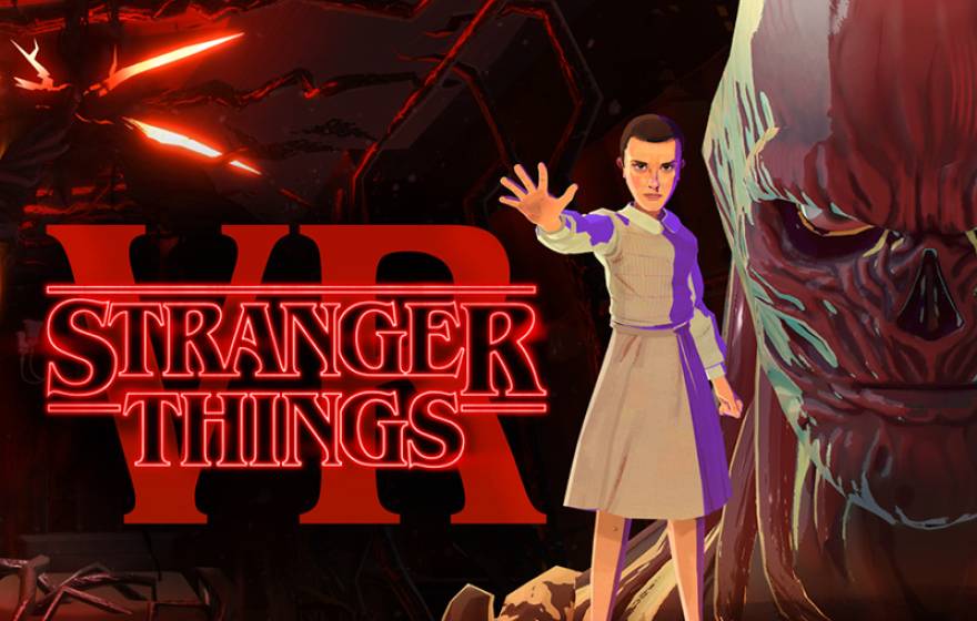 Screen shot from a video game promo showing a young character in a gray smock holding their hand to the camera with a big spooky evil head in the background, and an overlay text reading STRANGER THINGS VR