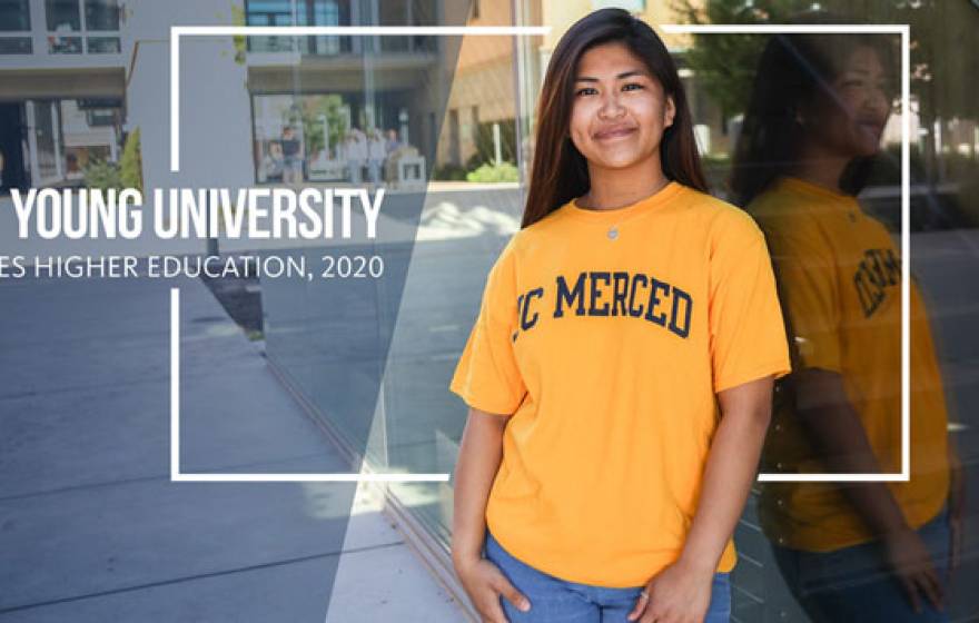 Times Higher Ed UC Merced ranking text with student standing outside in UC Merced T-shirt next to it