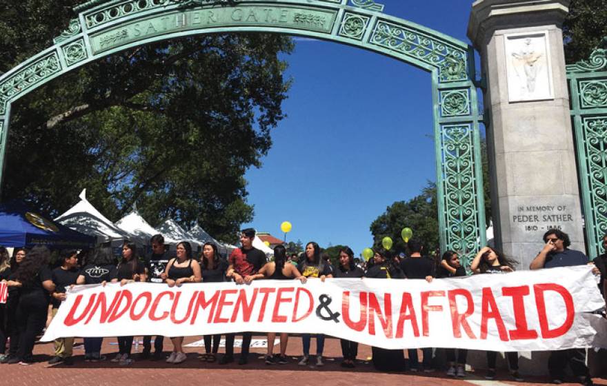 UC Berkeley undocumented students and supporters demonstrate outside of Sather Gate.