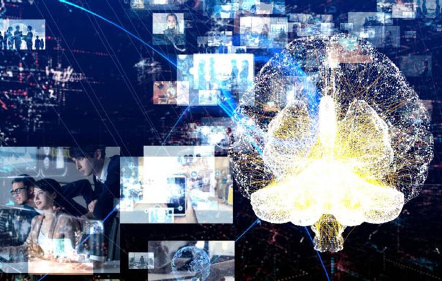 Collage of screens, people and brain imagery