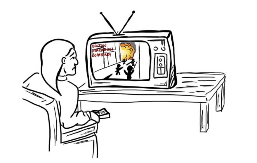 Cartoon of a woman watching an explosion on TV