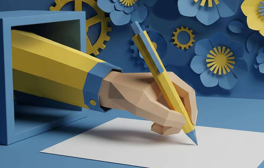 AI-rendered of hand emerging from a box, holding a pen pressed against paper