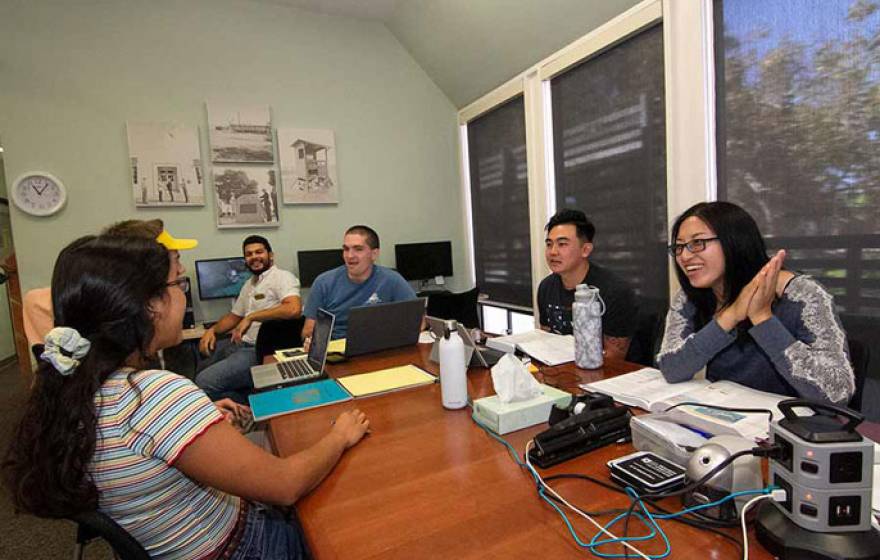 Student veterans hanging out at the resource center