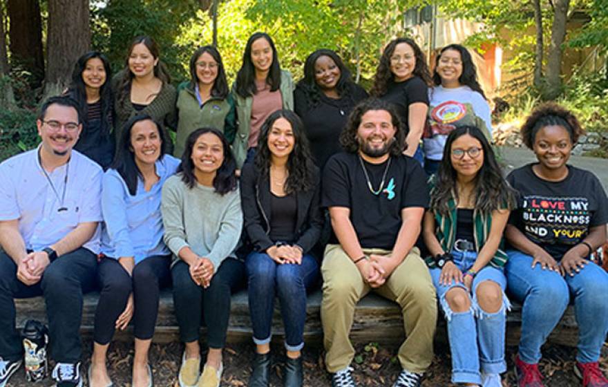 Rebecca Covarrubias in a group of first-gen students