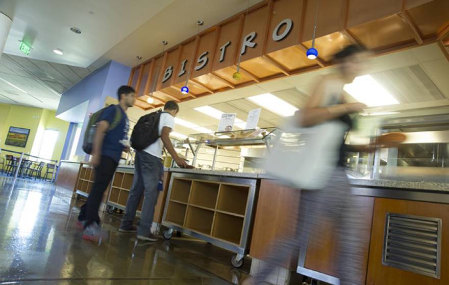 Students pick up food at the Bistro in the Segundo Dining Commons at UC Davis.