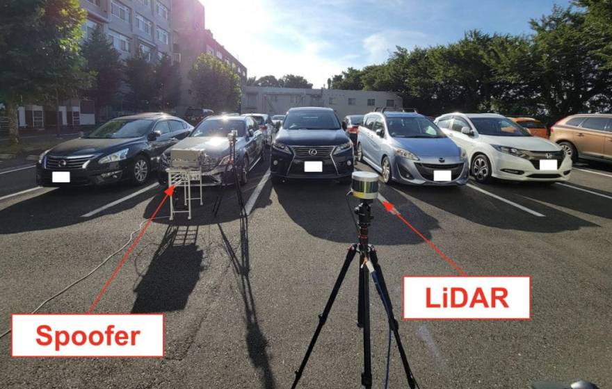 A row of parked cars with a LiDAR on a tripod and another object that looks like a grill, known as a spoofer, directly in front of a car