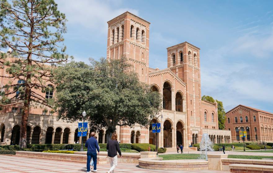A brick square leads to Royce Hall on the UCLA campus