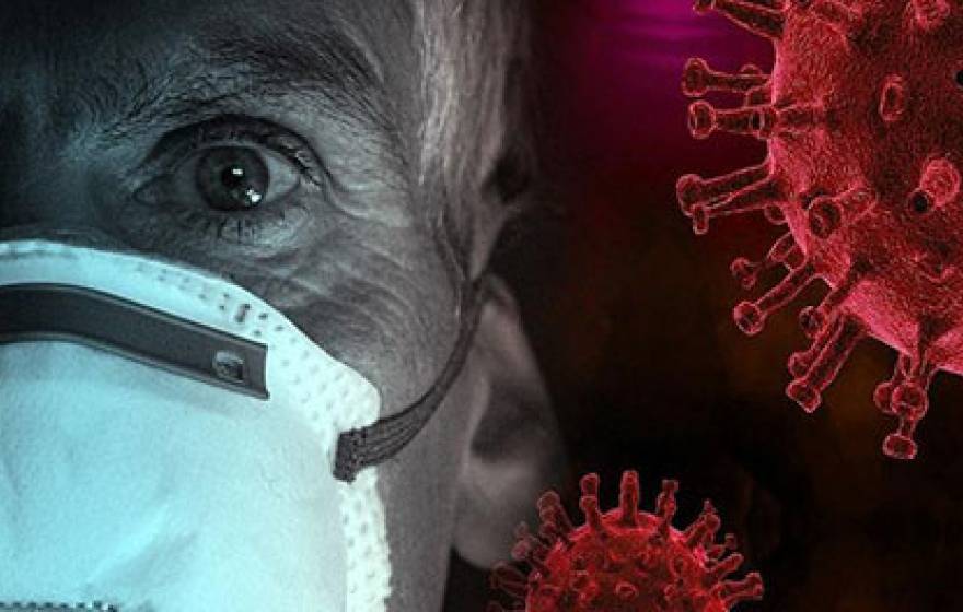 Man with mask with a coronavirus illustrated next to him