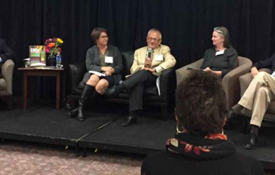 Panelists at the discussion about GMO food: (from left) moderator Greg Jaffe; Josette Lewis; Norm Ellstrand; Belinda Martineau; Alan McHughen. 