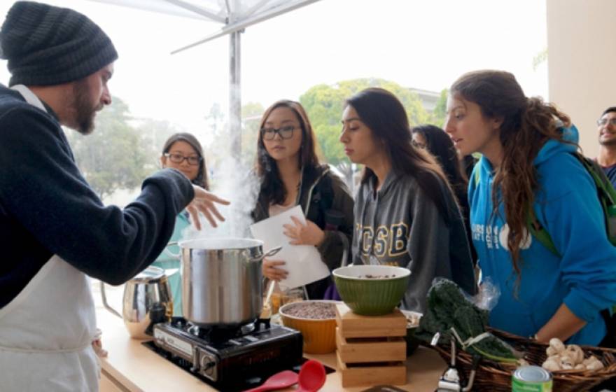 Chef Mickael Blancho of UCSB's University Center Dining Services, better known as the UCSB Soup Guy, gives a cooking demonstration to kick off the new Food, Nutrition and Basic Skills Program for students. 