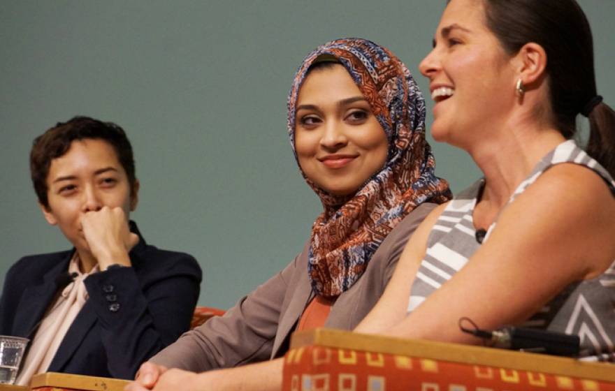 UC Student Regent Sadia Saiffudin of UC Berkeley, center, flanked by Vanessa Terán, left, of Mixteco/Indígena Community Organizing Project, and Melissa Fontaine, right, of Foodbank of Santa Barbara County, were featured in a panel about food justice.