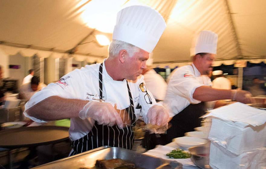 Executive chef Vaughn Vargus, with assistance from UC San Diego chefs Dave Gardinier of Café Ventanas and Tiago Battastini of 64 Degrees, donated his time and culinary talents at the 3rd Annual Foodtasia Gala at the San Diego Food Bank, held Saturday, May
