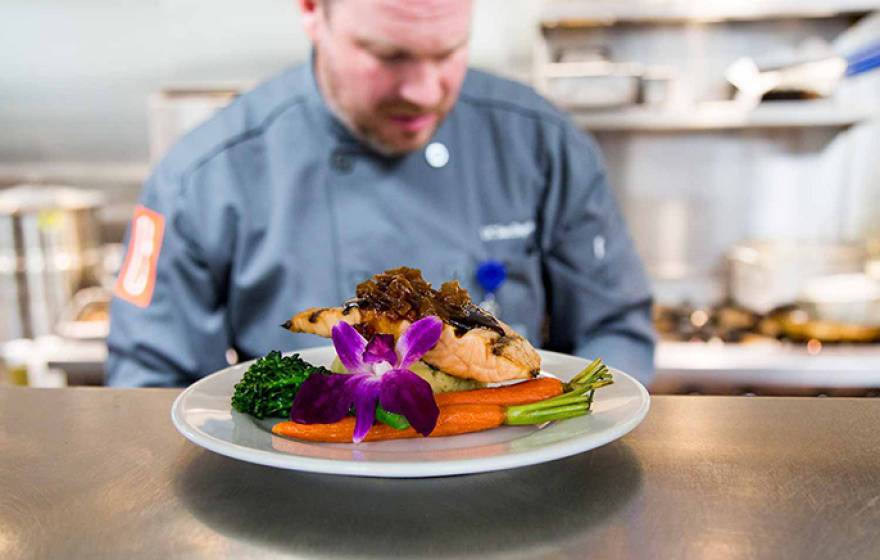 Executive Chef Rodney Fry prepares beautiful, healthy meals in the newly renovated kitchen at UC San Diego's Thornton Hospital.