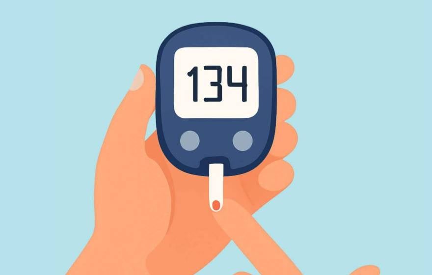 An illustration of a hand taking a blood sugar level reading off a finger on another hand
