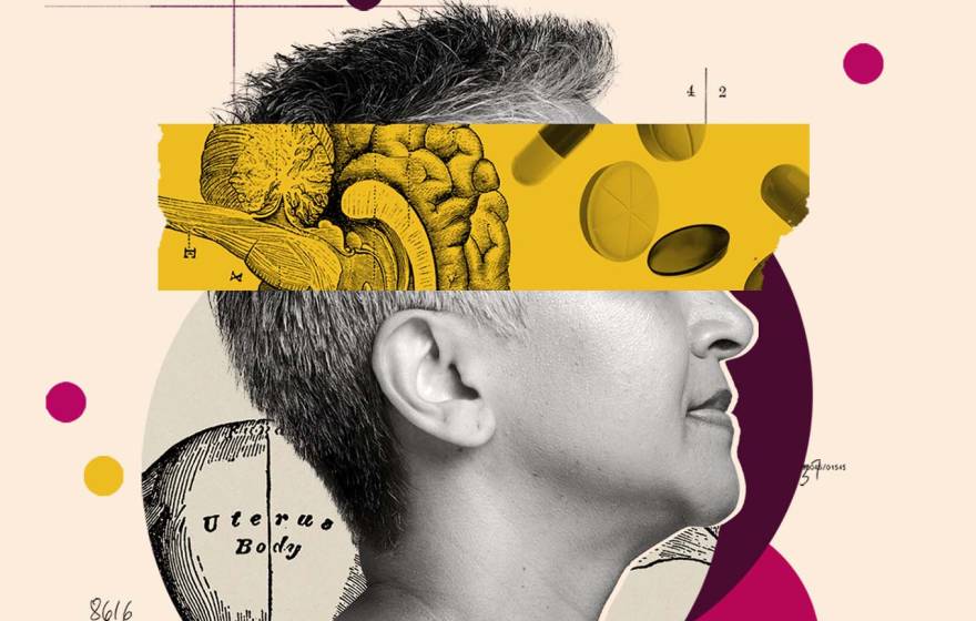 A woman, neck up, in profile, with short salt and pepper hair in silhouette and a collage cutout of a brain and pills over her eyes, along with other collage illustrations in the backdrop and dots