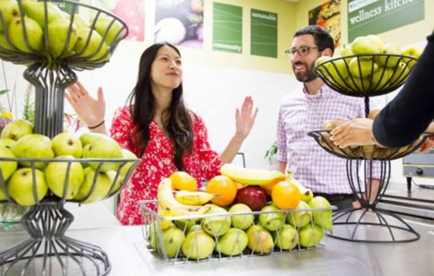 Rita Nguyen, MD, and student Jacob Mirsky show off the future food pantry in the Community Wellness Center of San Francisco General Hospital and Trauma Center. Mirsky received a grant to support the project from the UC Global Food Initiative. 