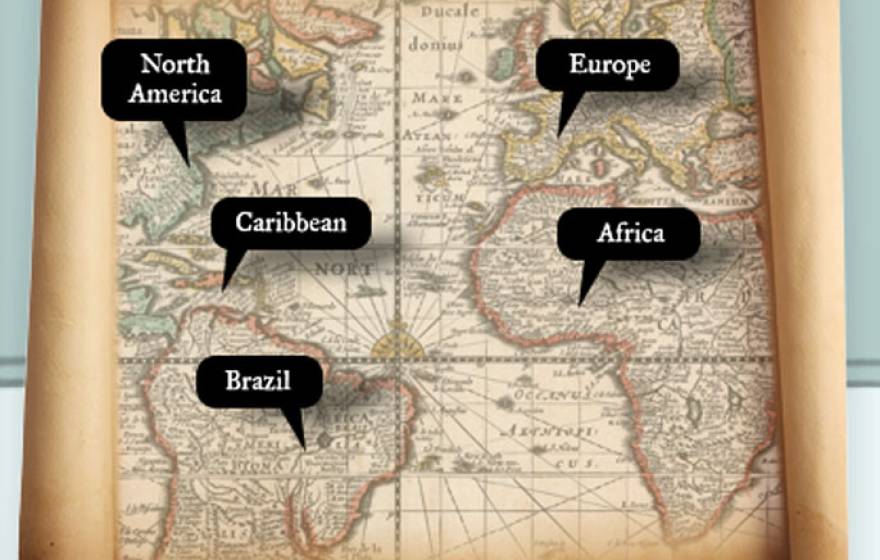 Map of slave trade voyages with geographic labels