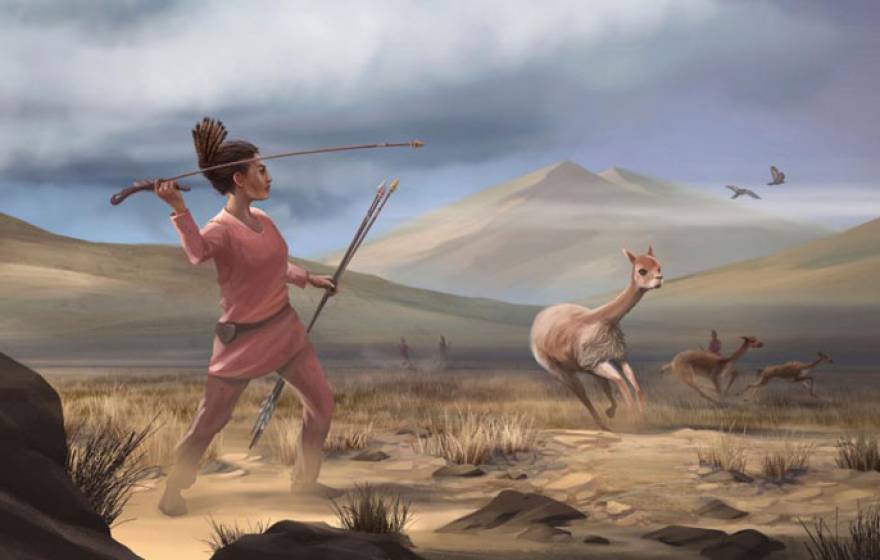 Illustration of prehistoric woman hunting big game