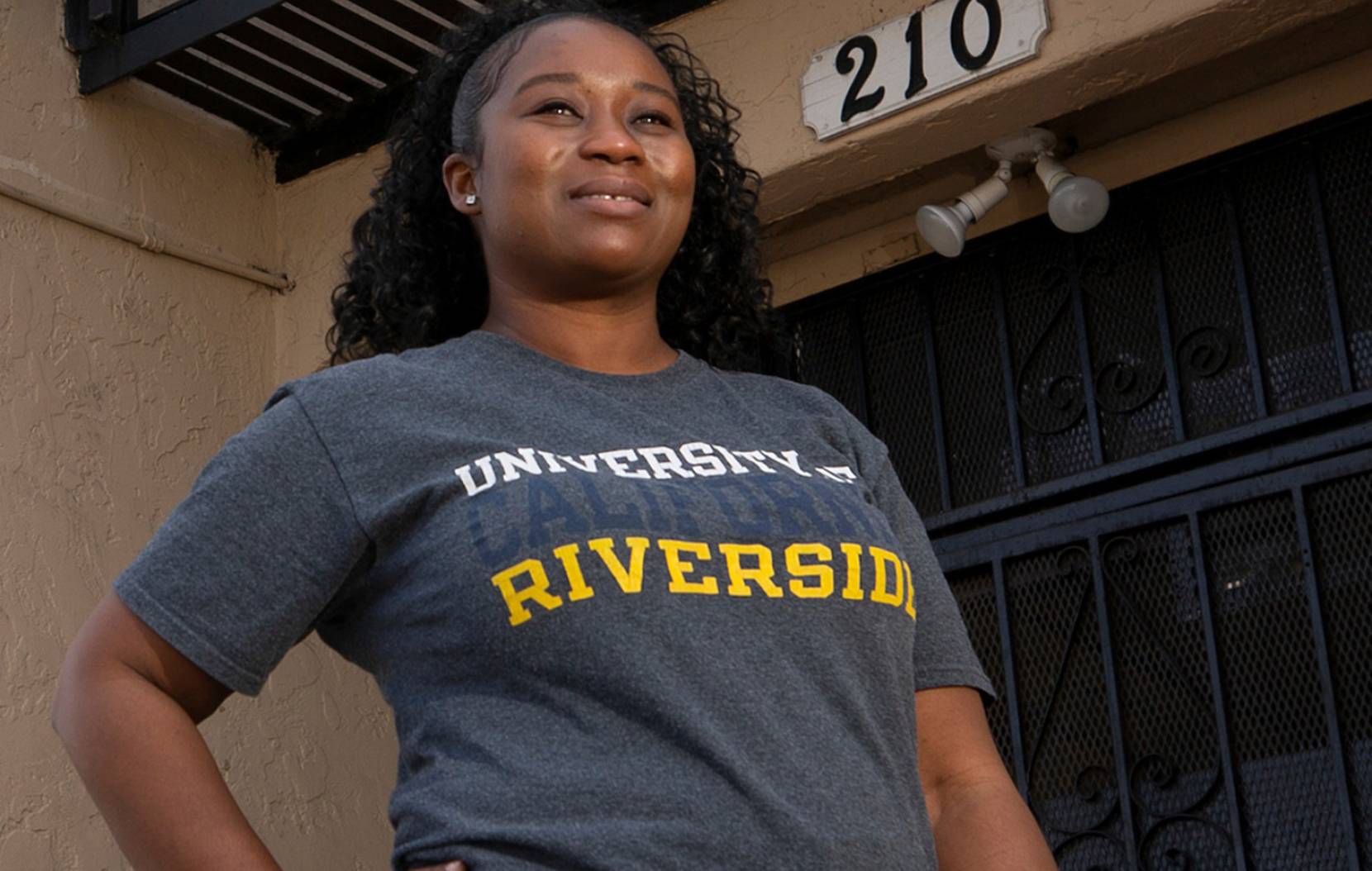 Deirdre Reyes proudly sports her UC Riverside t-shirt.