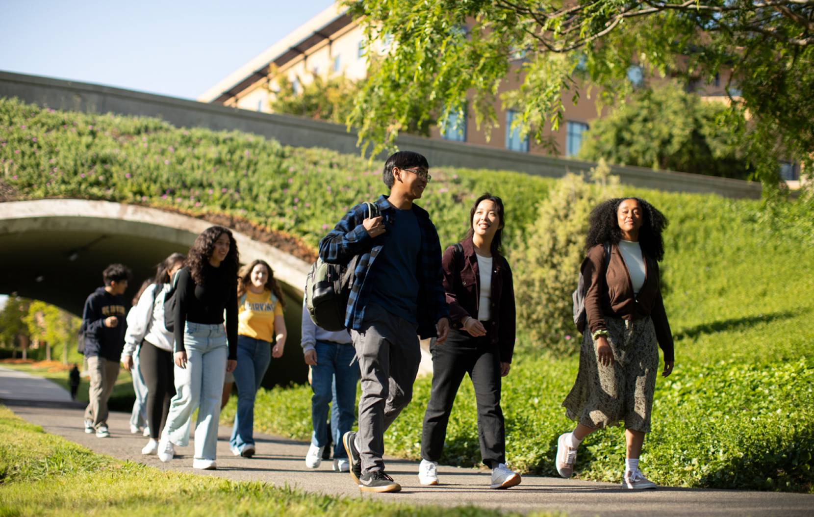 A diverse group of undergrads walks on a path emerging from a tunnel
