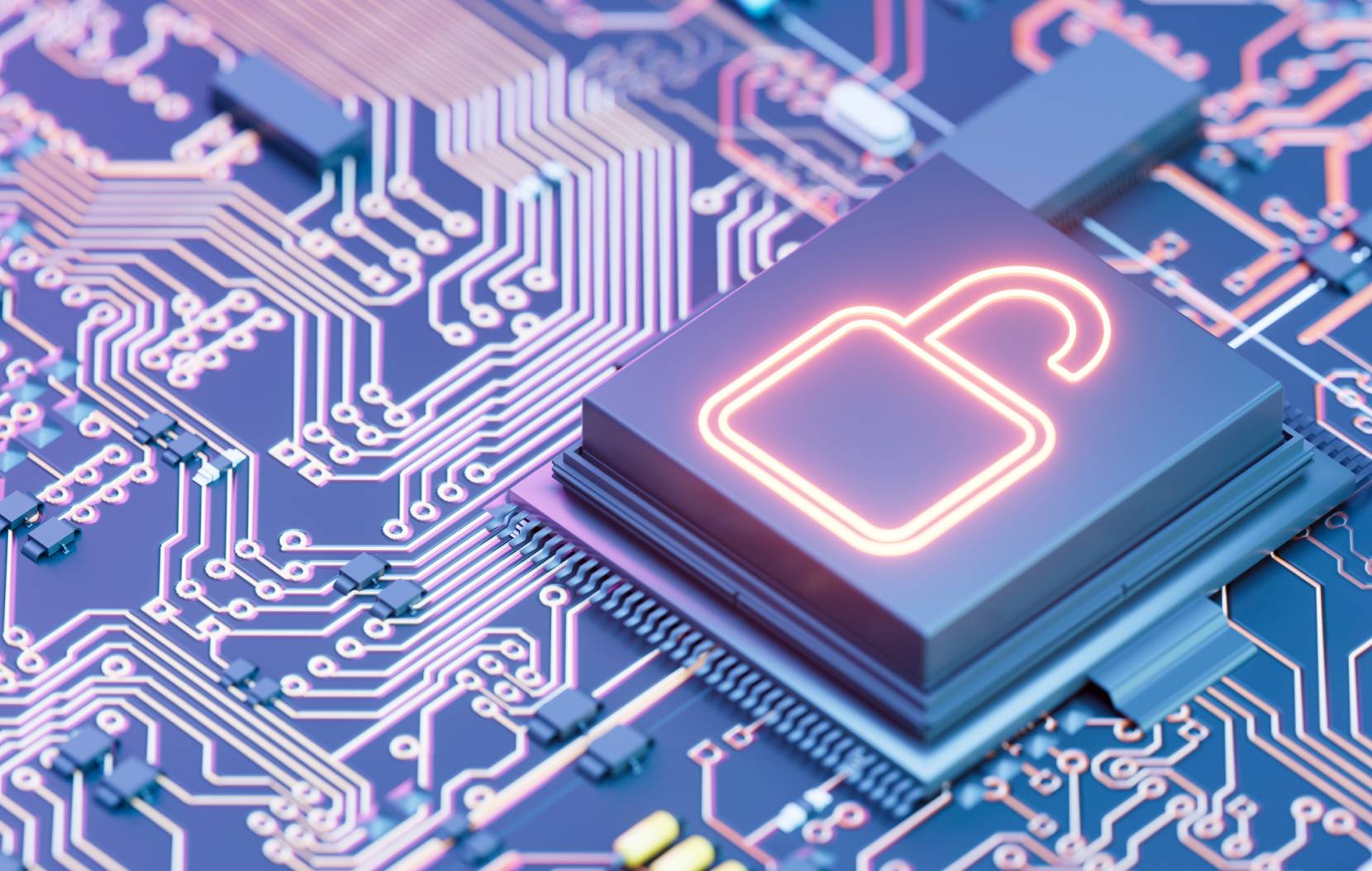 Cybersecurity concept, digital data security with open padlock on chip of motherboard. Credit: Getty Images/akinbostanci